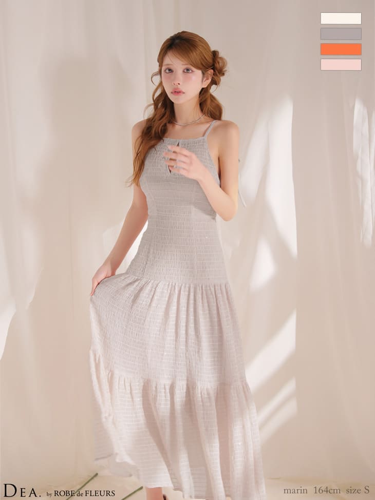 キャミソール リボン バストカット バックオープン ギャザーシフォン Aラインロングドレスのイメージ画像2