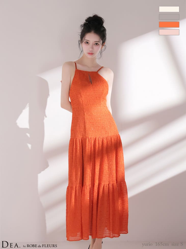 キャミソール リボン バストカット バックオープン ギャザーシフォン Aラインロングドレスのイメージ画像3