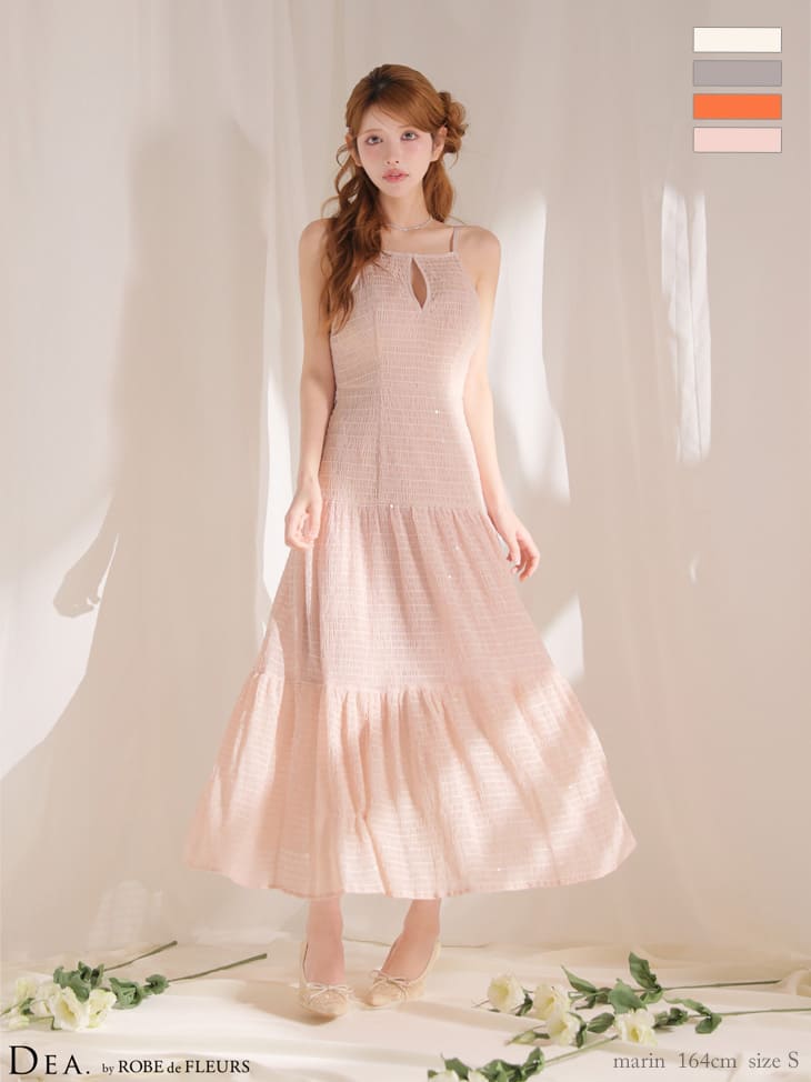 キャミソール リボン バストカット バックオープン ギャザーシフォン Aラインロングドレスのイメージ画像3