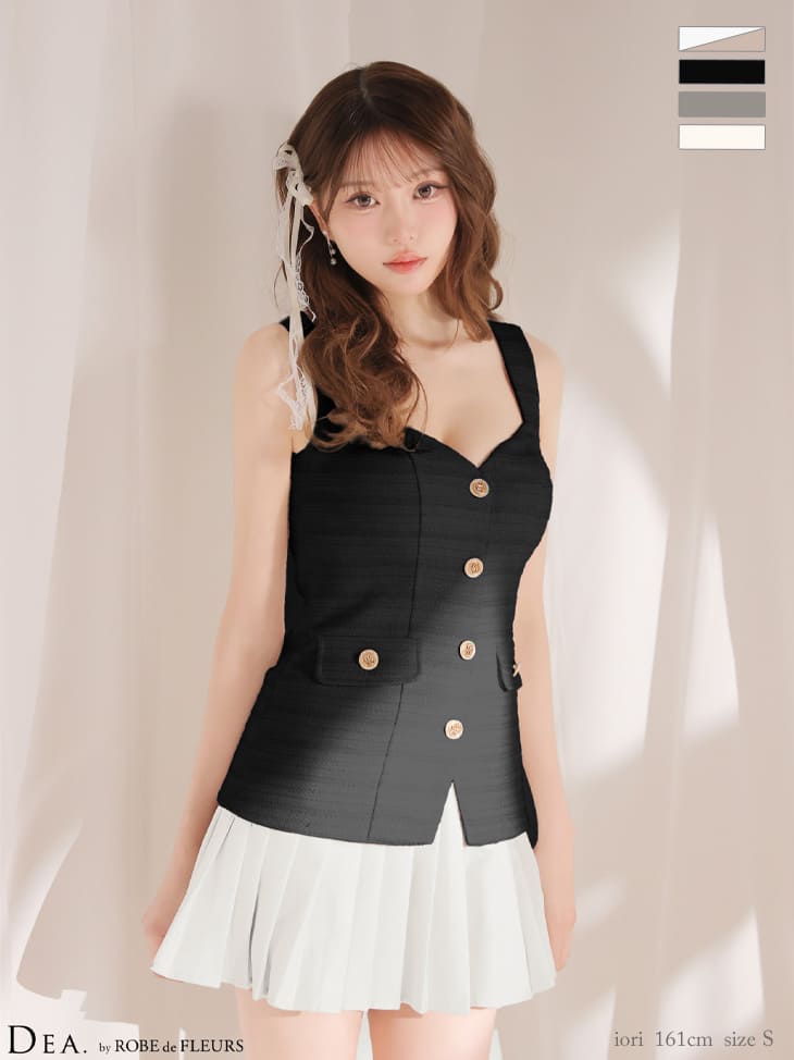 ノースリーブ ボタン ボーダー柄 ツイード プリーツ フレアミニドレスのイメージ画像2