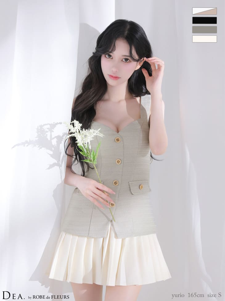 ノースリーブ ボタン ボーダー柄 ツイード プリーツ フレアミニドレスのイメージ画像3