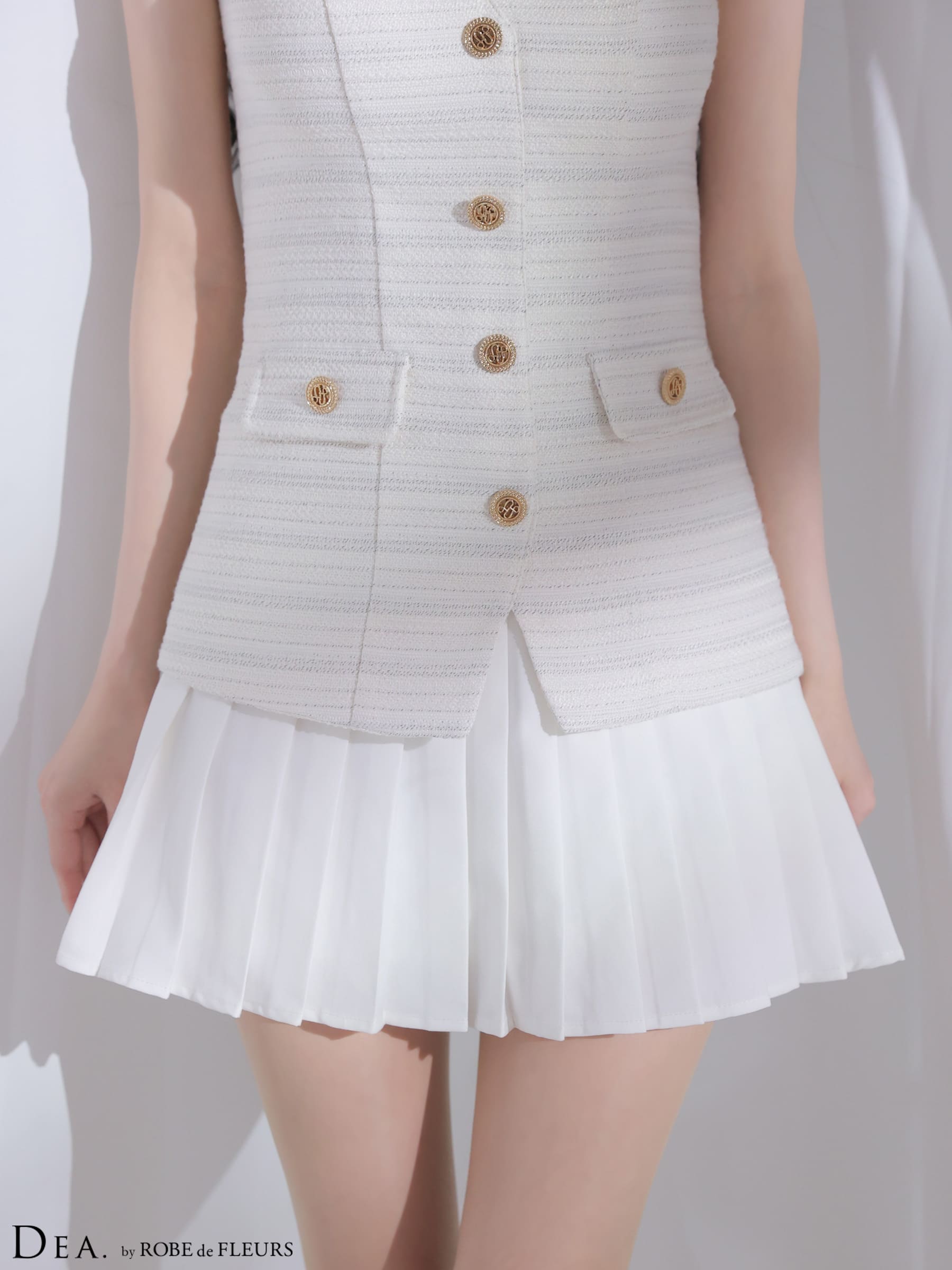 ノースリーブ ボタン ボーダー柄 ツイード プリーツ フレアミニドレスのイメージ画像9