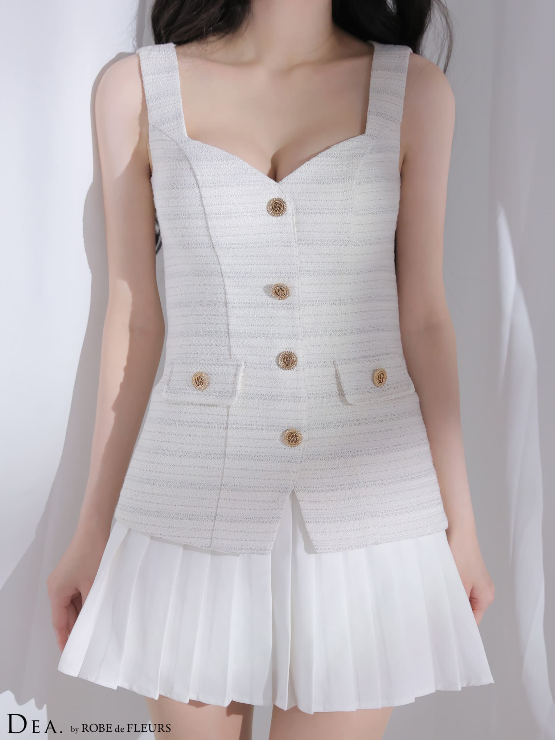 ノースリーブ ボタン ボーダー柄 ツイード プリーツ フレアミニドレスのイメージ画像5