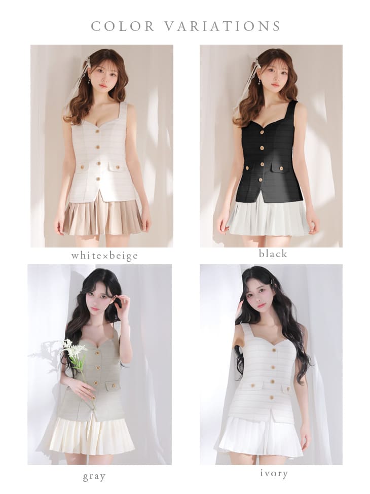 ノースリーブ ボタン ボーダー柄 ツイード プリーツ フレアミニドレスのイメージ画像7