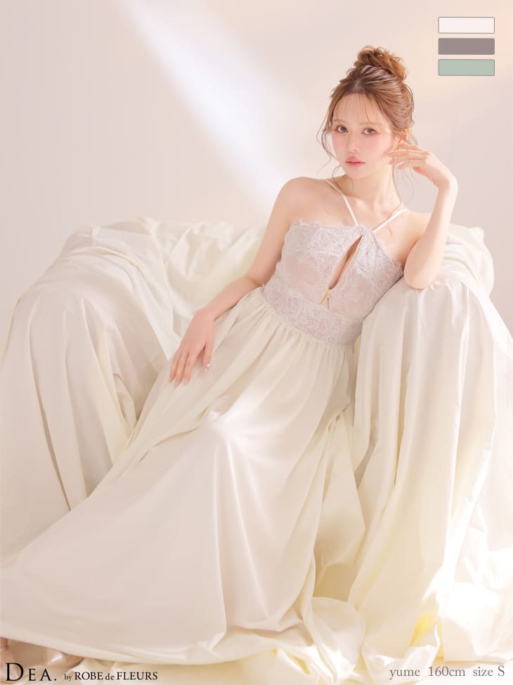 クロスデザイン ジップデザイン レース ギャザー Aラインロングドレスのイメージ画像1