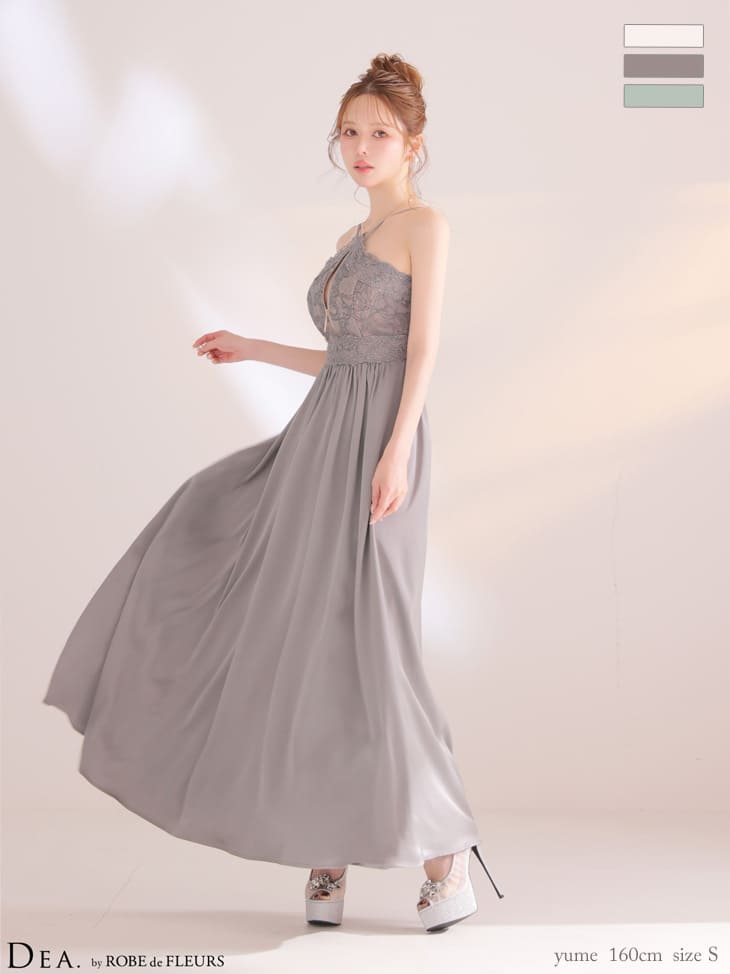 クロスデザイン ジップデザイン レース ギャザー Aラインロングドレスのイメージ画像2