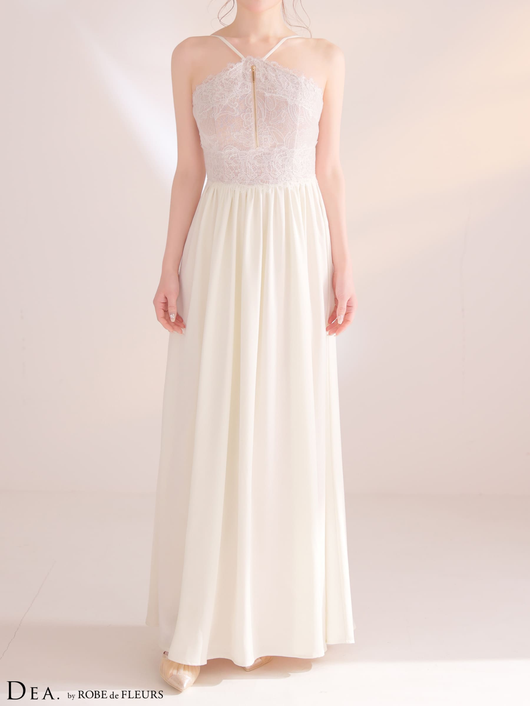 クロスデザイン ジップデザイン レース ギャザー Aラインロングドレスのイメージ画像4