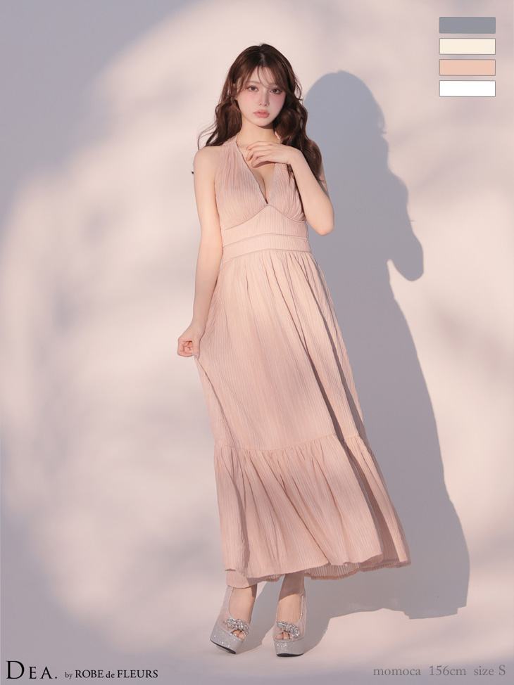 ホルターネック プリーツ シフォン ネックリボン Vネック フレアロングドレスのイメージ画像3