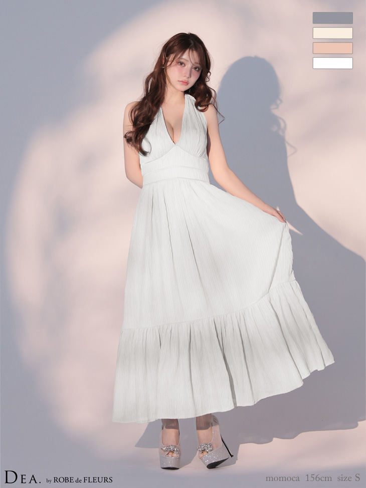 ホルターネック プリーツ シフォン ネックリボン Vネック フレアロングドレスのイメージ画像4