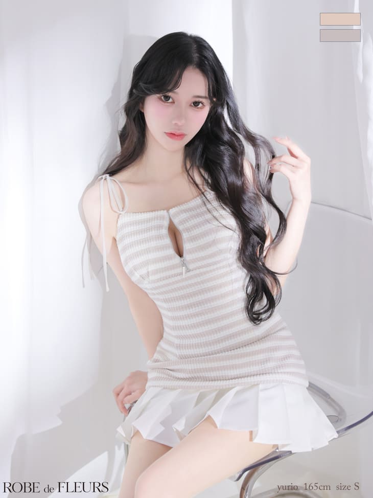 キャミソール リボン ジップデザイン ボーダーニット プリーツ フレアミニドレスのイメージ画像2