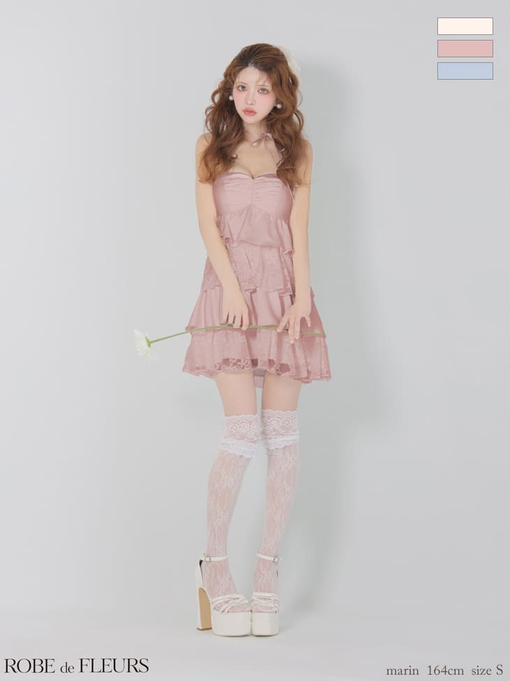 ベア ホルターネック リボン スパンコール レース ティアードフリル フレアミニドレスのイメージ画像2