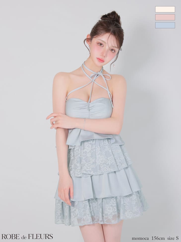 ベア ホルターネック リボン スパンコール レース ティアードフリル フレアミニドレスのイメージ画像3