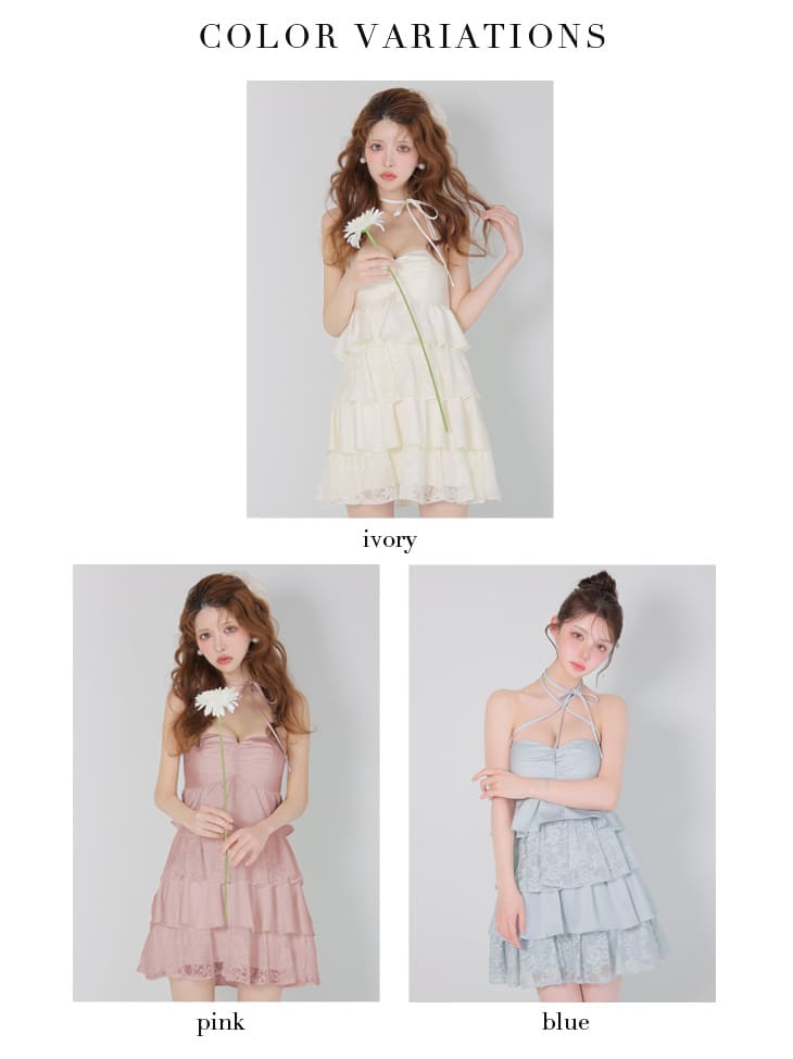 ベア ホルターネック リボン スパンコール レース ティアードフリル フレアミニドレスのイメージ画像6