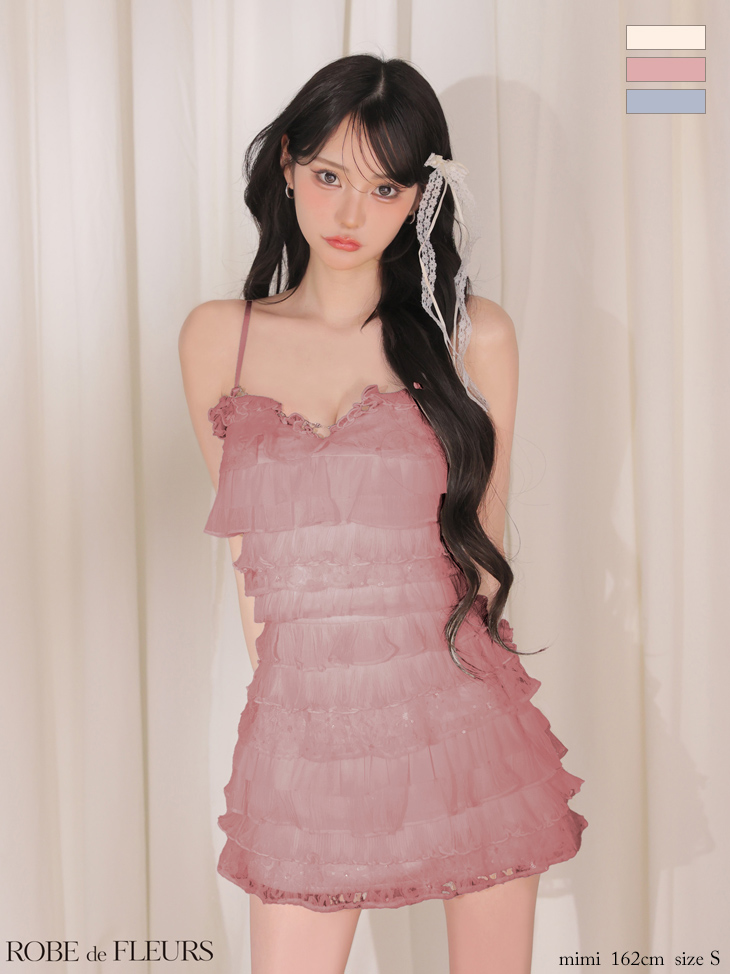 キャミソール セットアップ フリル フラワーレース ティアード ガーリー フレアミニドレスのイメージ画像2