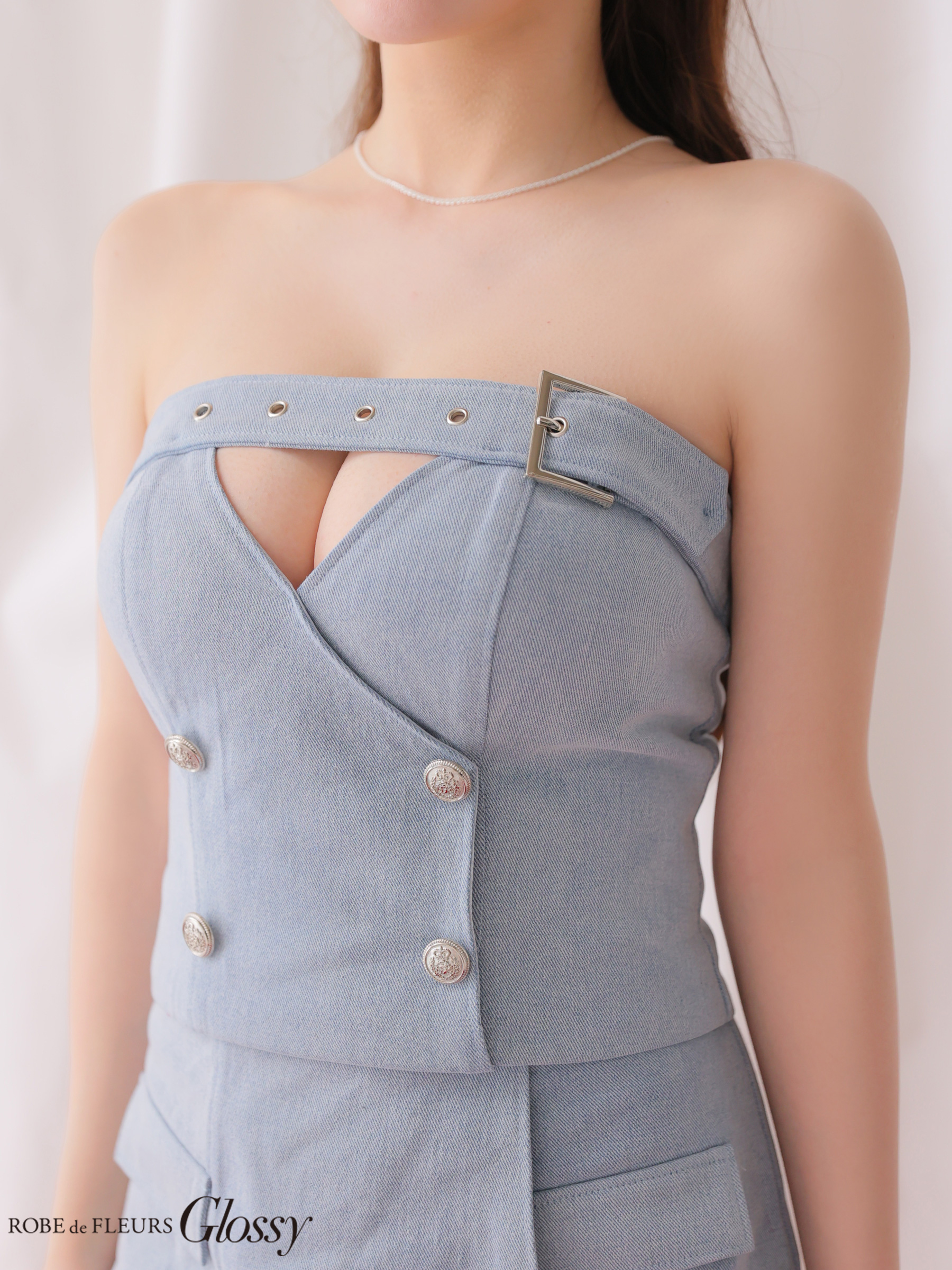 デニム セットアップ トレンチ ベルトデザイン ベアトップ フレアミニドレスのイメージ画像7