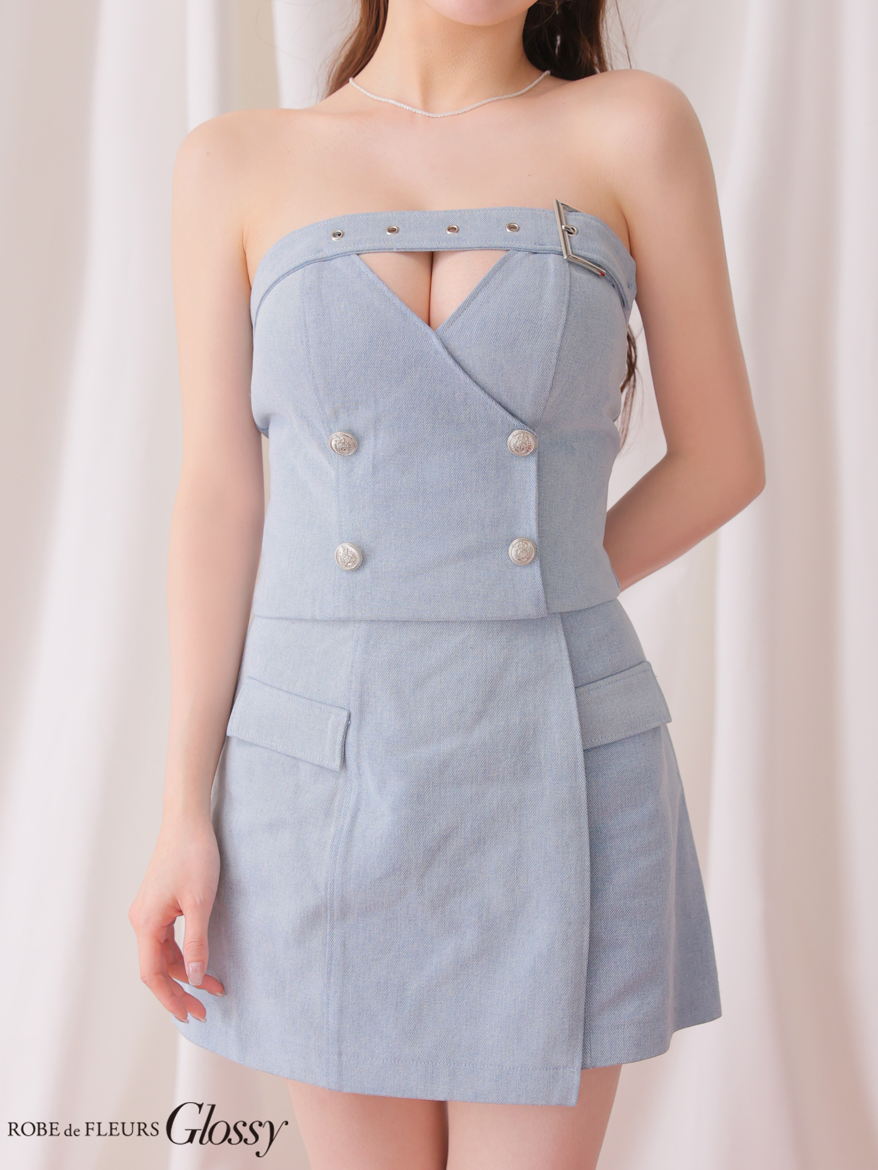 デニム セットアップ トレンチ ベルトデザイン ベアトップ フレアミニドレスのイメージ画像4