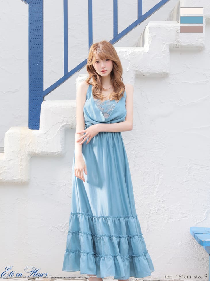 ノースリーブ ドレープ レース シャーリング シフォン ティアード Aラインロングドレスのイメージ画像2