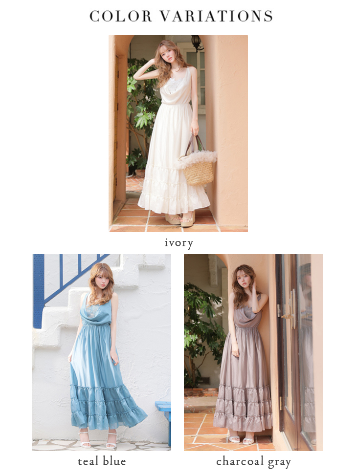 ノースリーブ ドレープ レース シャーリング シフォン ティアード Aラインロングドレスのイメージ画像5