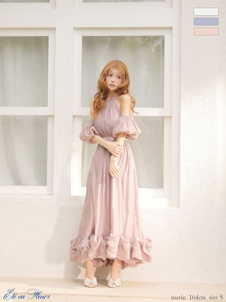 2way 肩あき パフスリーブ ノースリーブ タック バックリボン フリル シフォン スカラップレース Aラインロングドレスのイメージ画像3