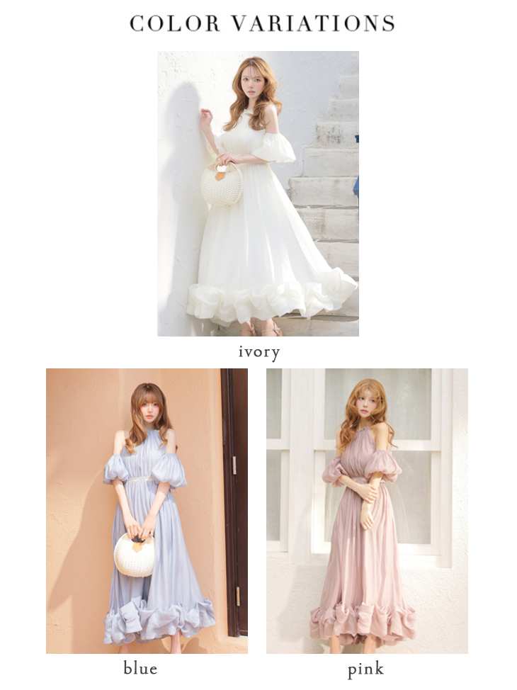 2way 肩あき パフスリーブ ノースリーブ タック バックリボン フリル シフォン スカラップレース Aラインロングドレスのイメージ画像6