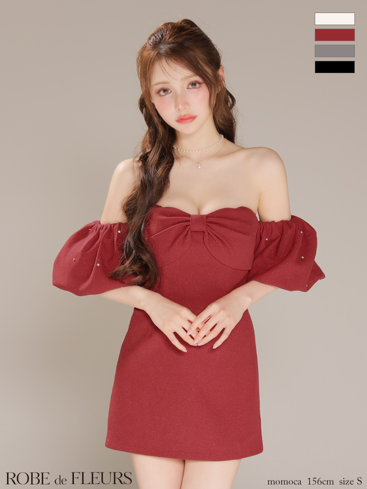 オフショルダー セットアップ ビックリボン ガーリー パフスリーブ タイトミニドレスのイメージ画像2