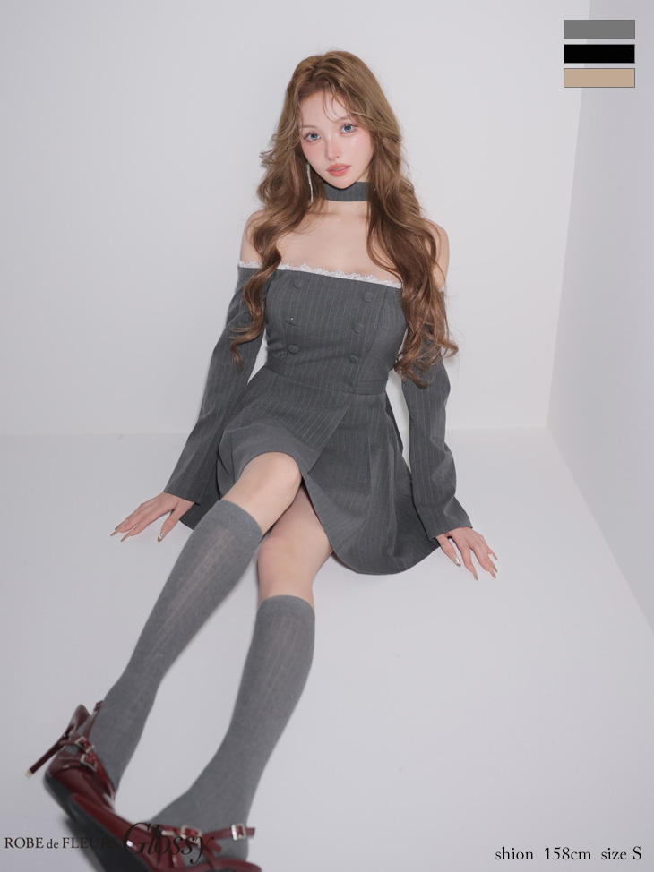 チョーカー付き オフショルダー レース 長袖 ダブルボタン ストライプ フレアミニドレスのイメージ画像1