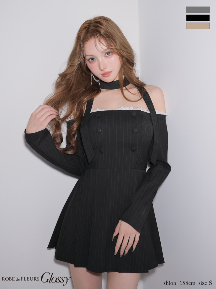 チョーカー付き オフショルダー レース 長袖 ダブルボタン ストライプ フレアミニドレスのイメージ画像2