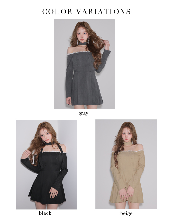 チョーカー付き オフショルダー レース 長袖 ダブルボタン ストライプ フレアミニドレスのイメージ画像6