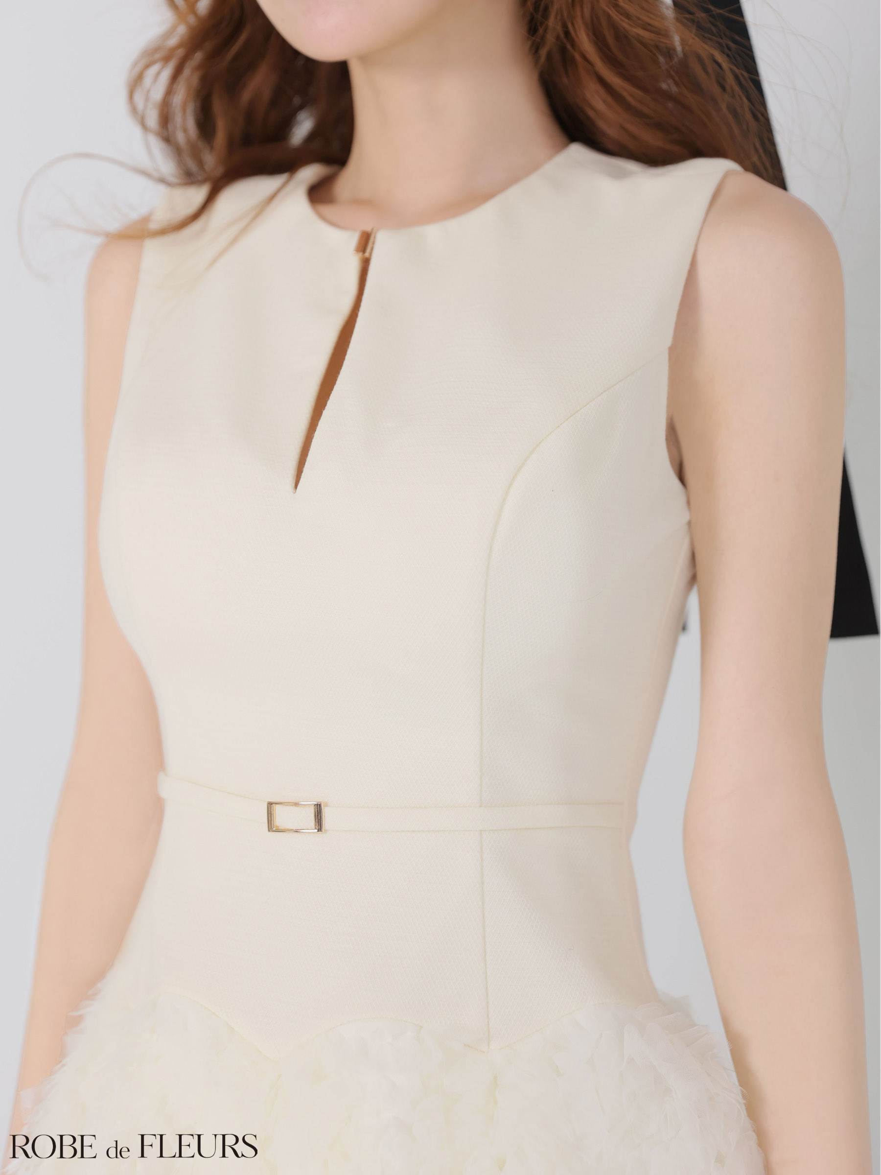 ノースリーブ ジップデザイン ドッキングニット ウエストベルト チュール ボリューム フレアミニドレスのイメージ画像7