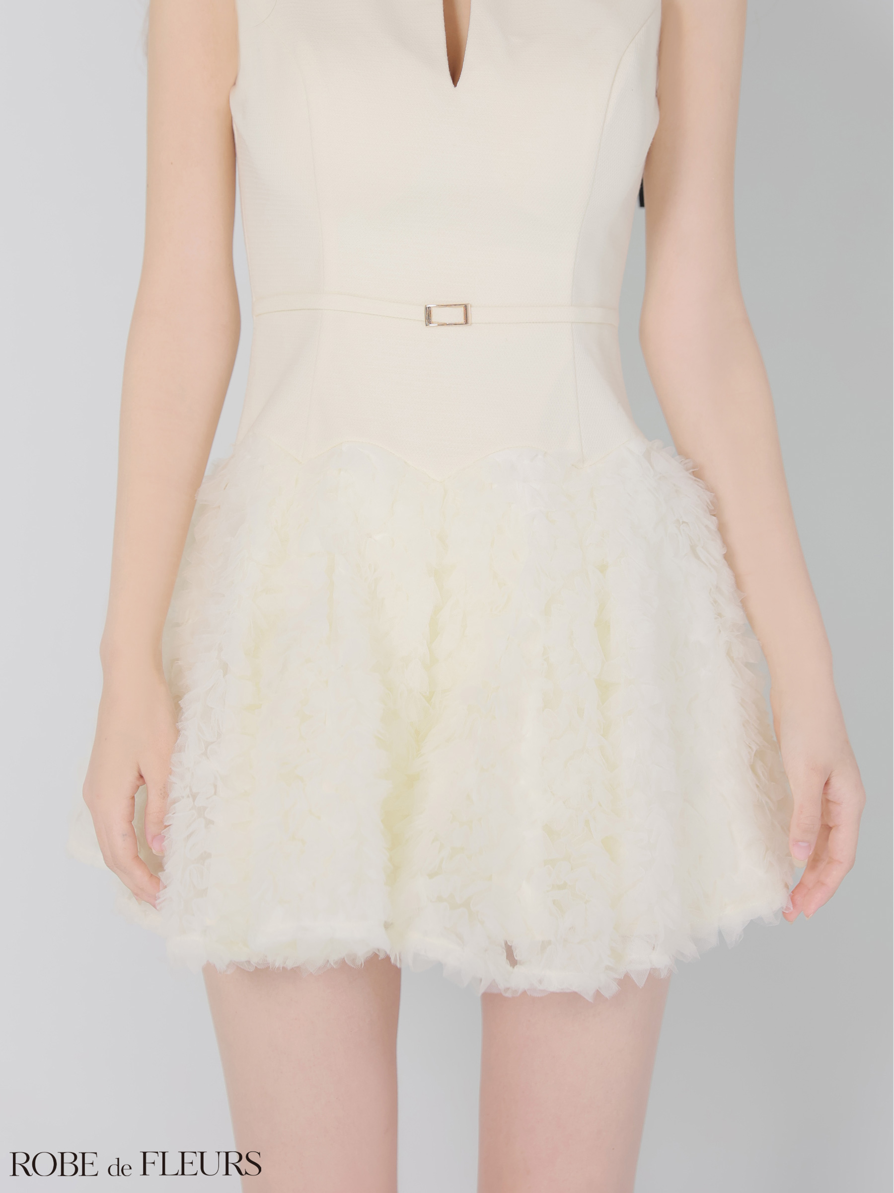 ノースリーブ ジップデザイン ドッキングニット ウエストベルト チュール ボリューム フレアミニドレスのイメージ画像8