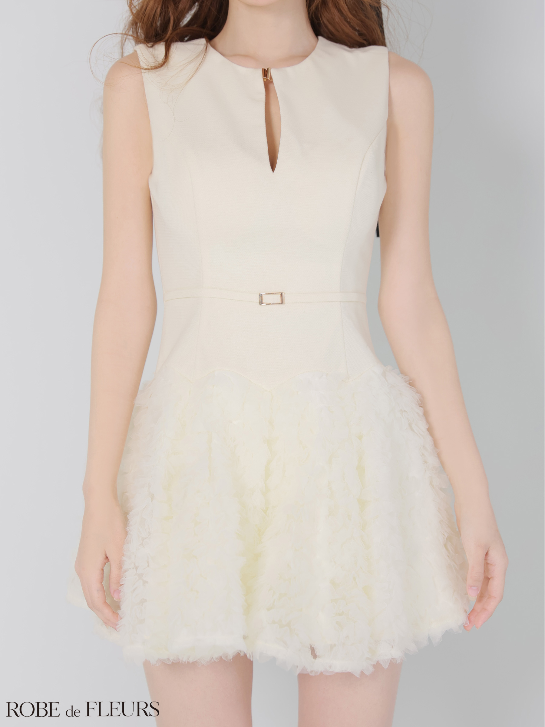 ノースリーブ ジップデザイン ドッキングニット ウエストベルト チュール ボリューム フレアミニドレスのイメージ画像4