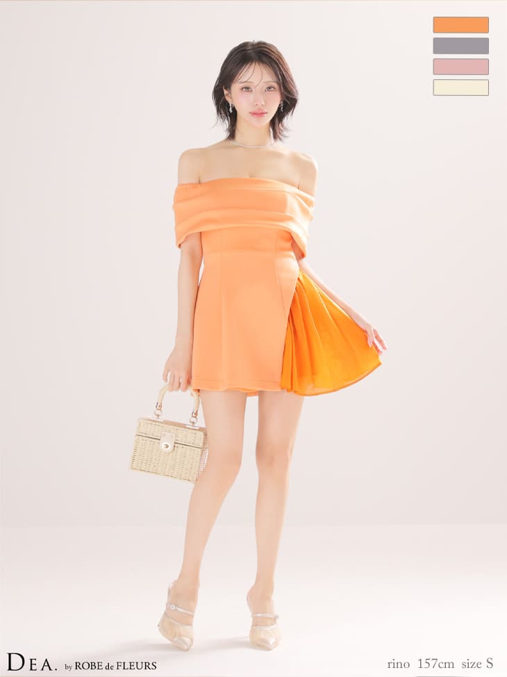 オフショルダー ドレープ シフォン プリーツ フレアミニドレスのイメージ画像1