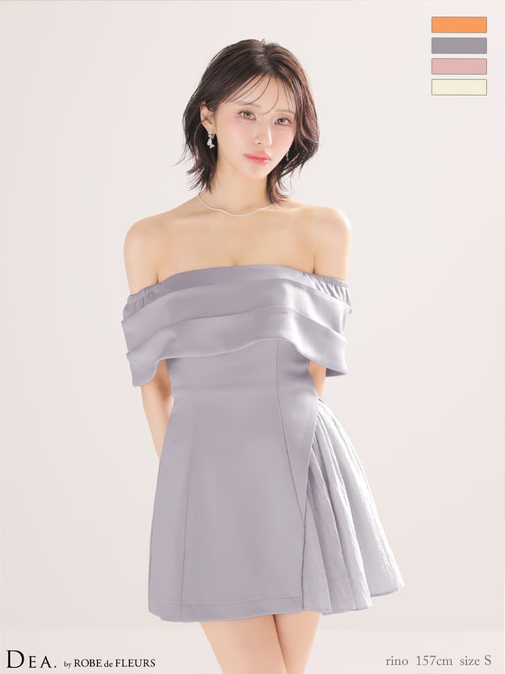 オフショルダー ドレープ シフォン プリーツ フレアミニドレスのイメージ画像2