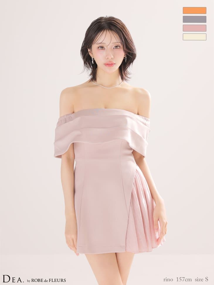オフショルダー ドレープ シフォン プリーツ フレアミニドレスのイメージ画像3