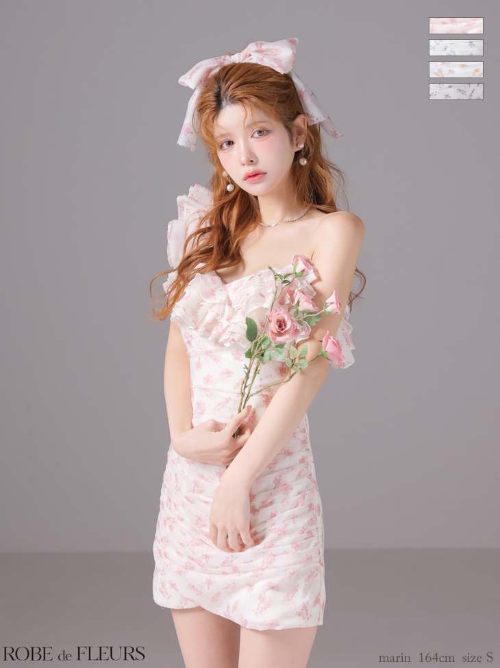 ワンショルダー フリル フラワー ギャザー ラメシフォン タイトミニドレスのイメージ画像1