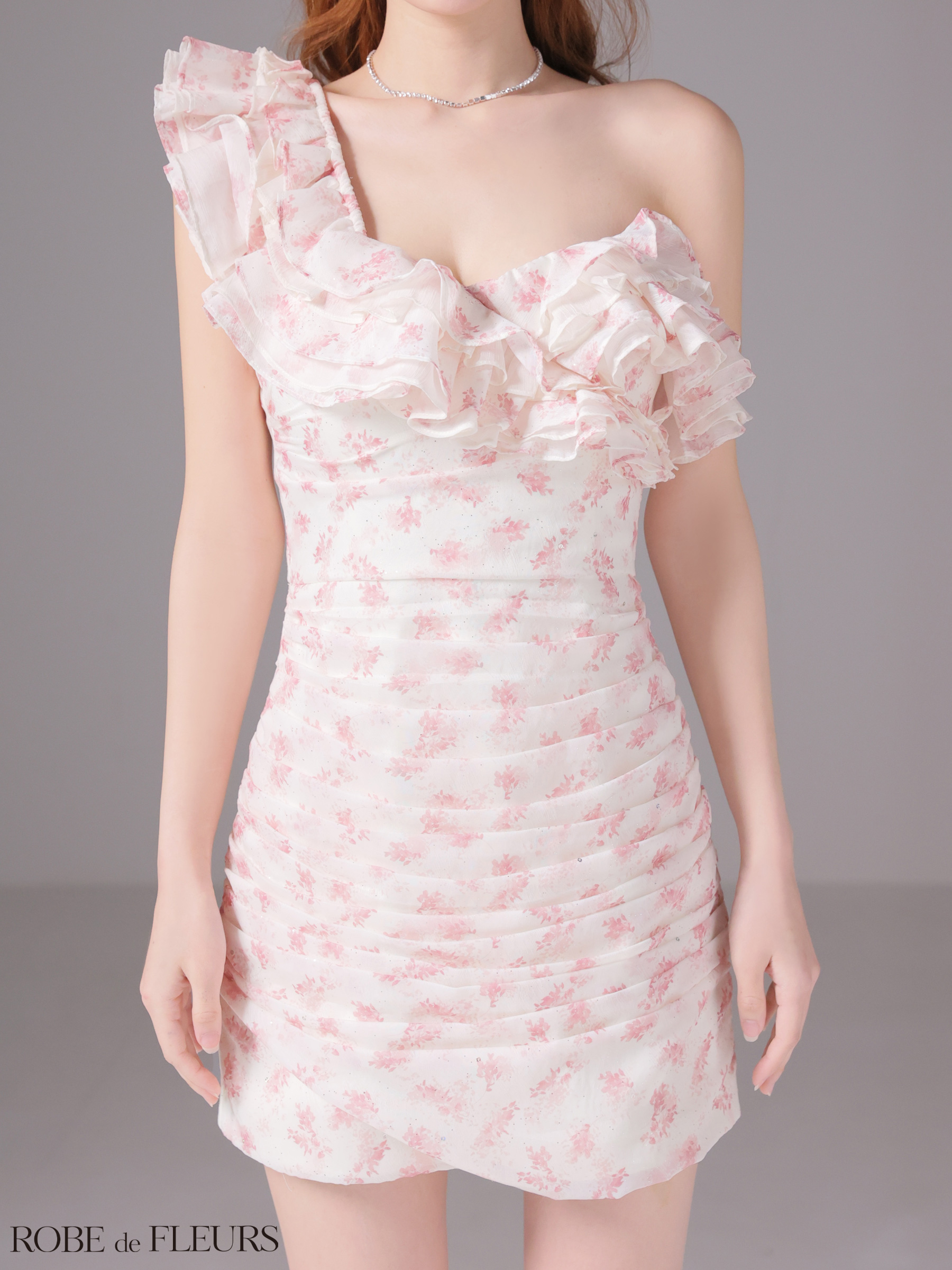 ワンショルダー フリル フラワー ギャザー ラメシフォン タイトミニドレスのイメージ画像5