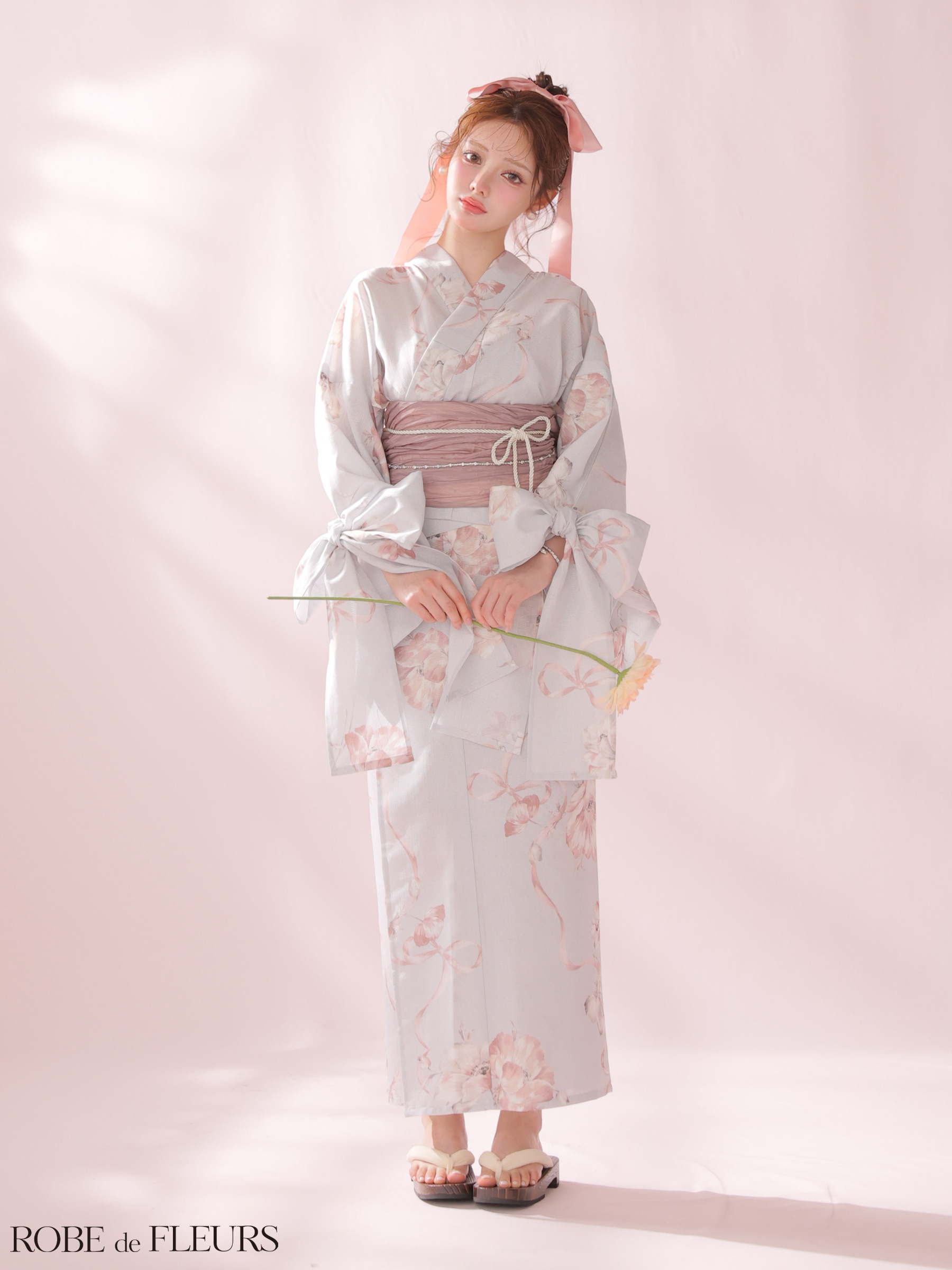 浴衣 ROBEdeFLEURS ローブドフルール 袖リボン フラワープリント フェミニン ガーリー 3点SET のイメージ画像2