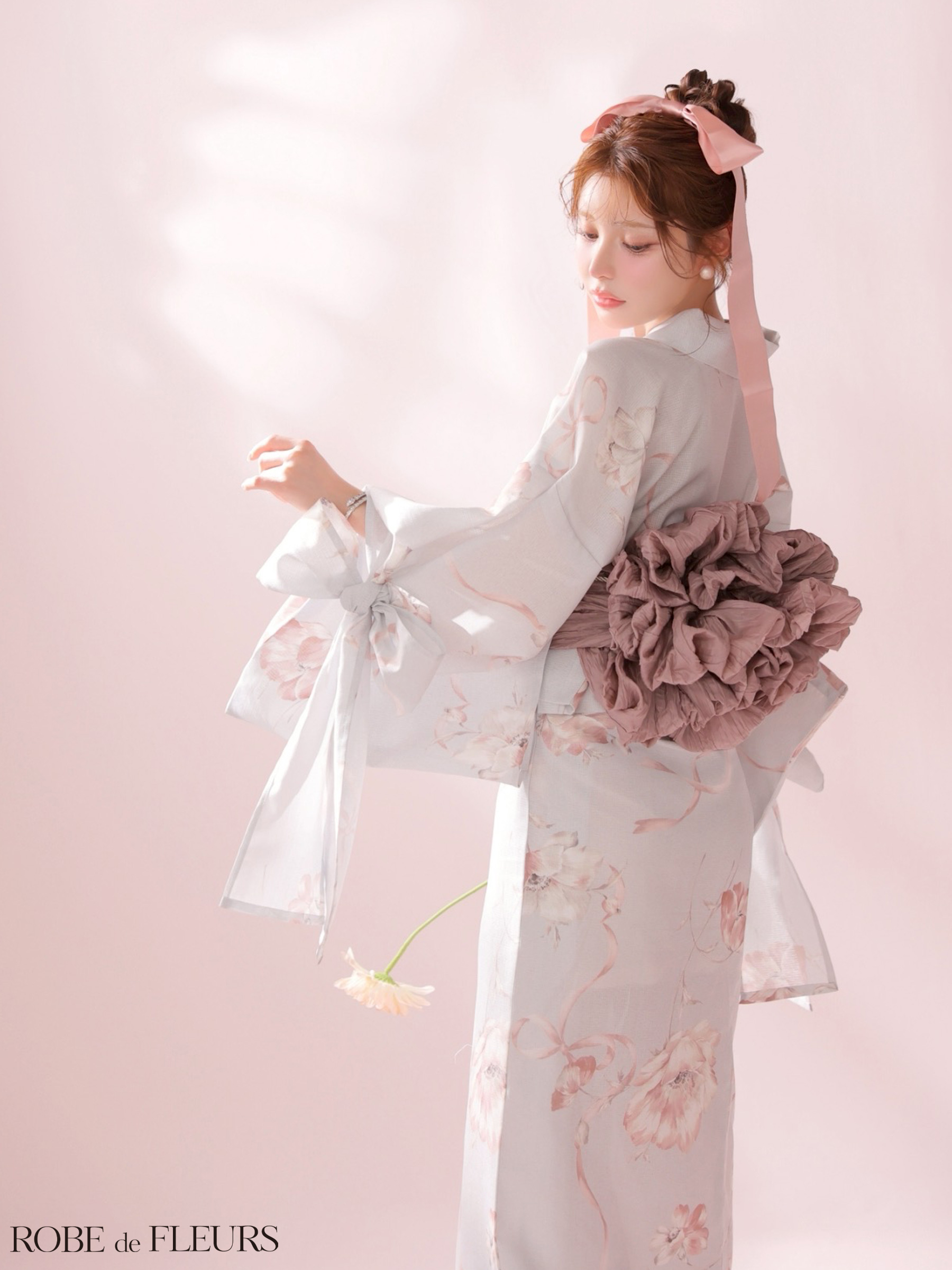 浴衣 ROBEdeFLEURS ローブドフルール 袖リボン フラワープリント フェミニン ガーリー 3点SET のイメージ画像4