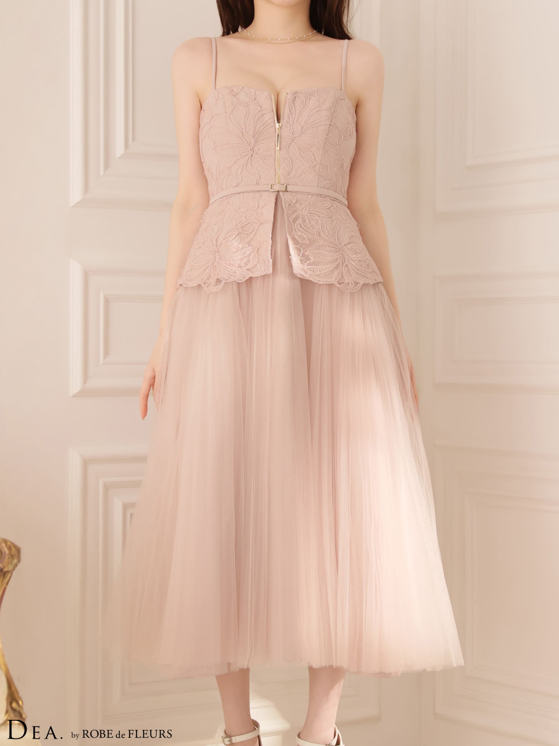 キャミソール ベルトデザイン ペプラム フラワーレース チュール Aラインロングドレスのイメージ画像5