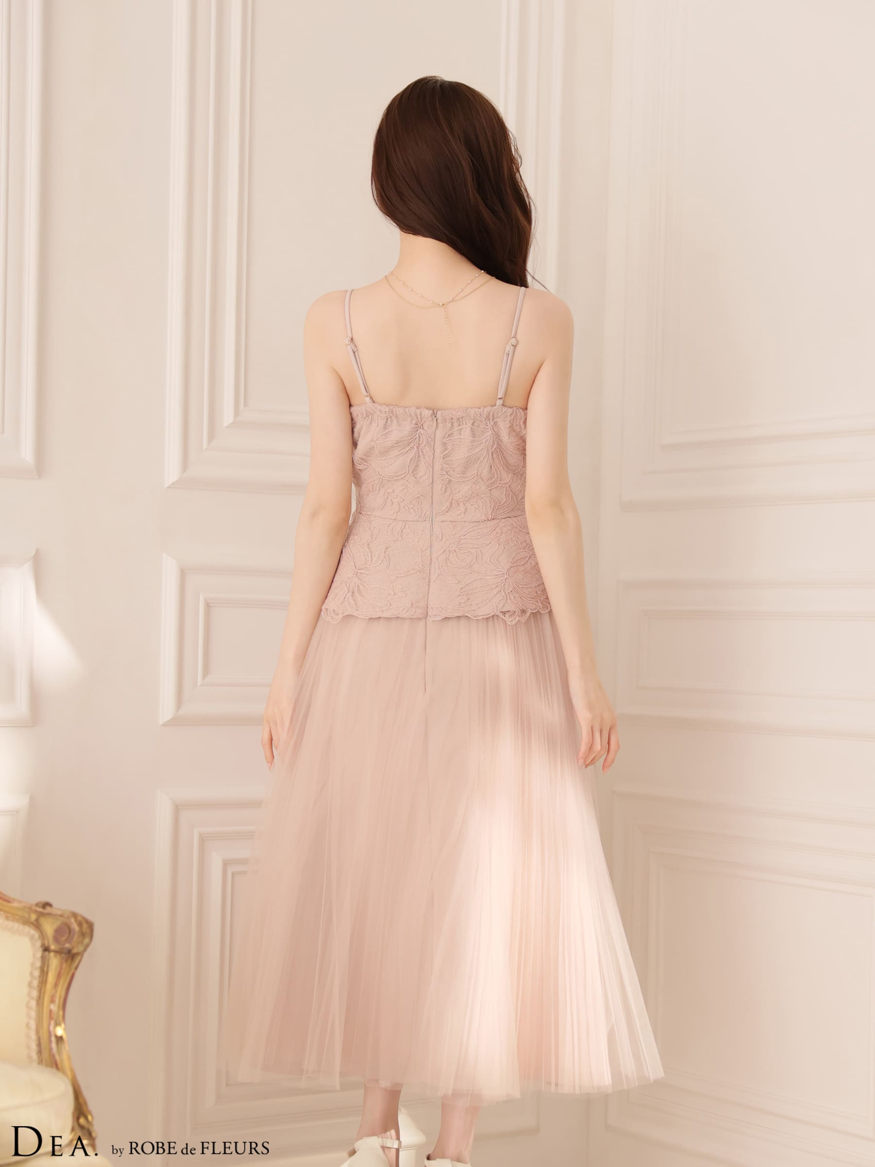 キャミソール ベルトデザイン ペプラム フラワーレース チュール Aラインロングドレスのイメージ画像6