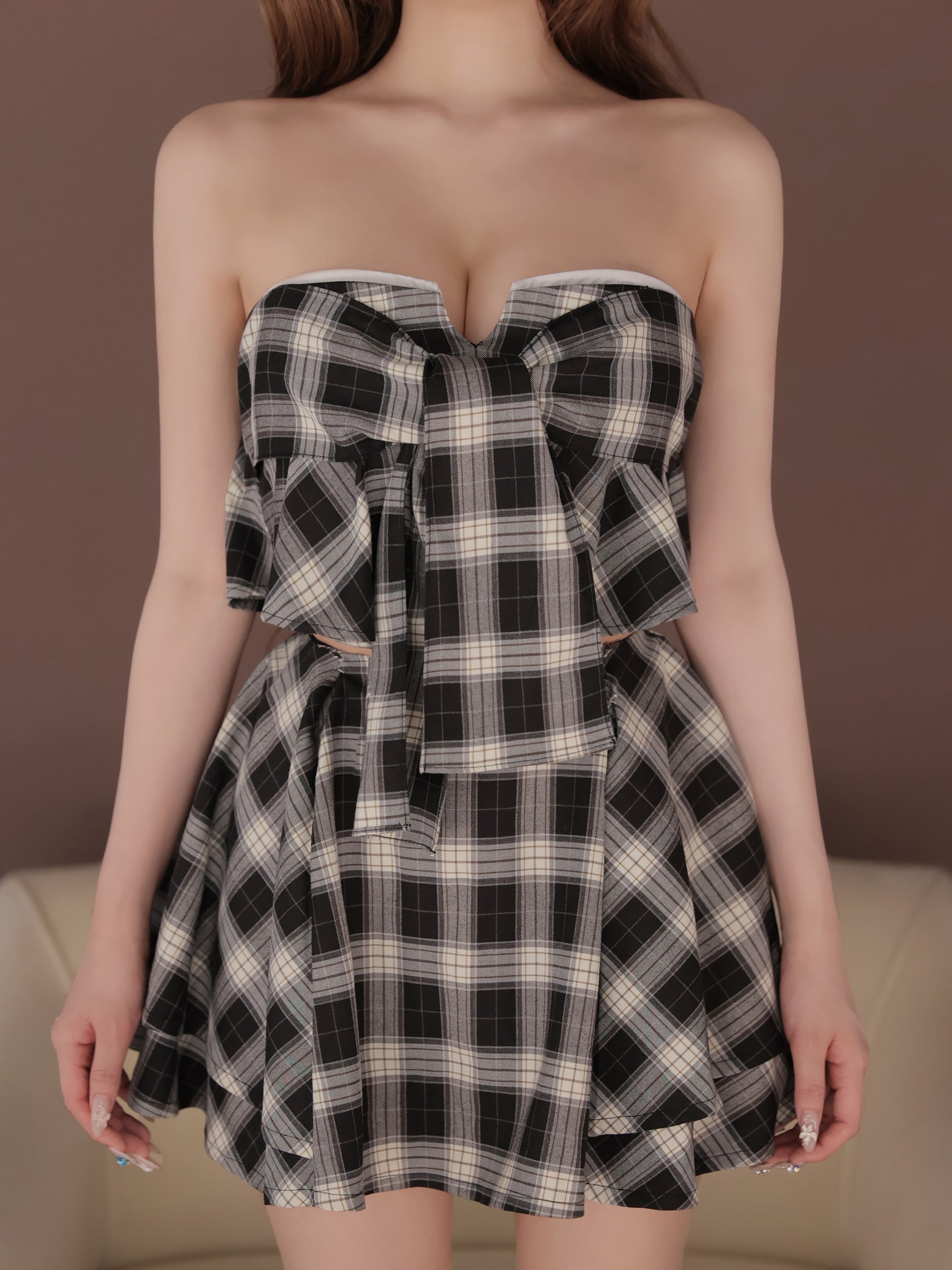 2way ベアトップ キャミソール リボン チェック柄 セットアップ フレアミニドレスのイメージ画像4