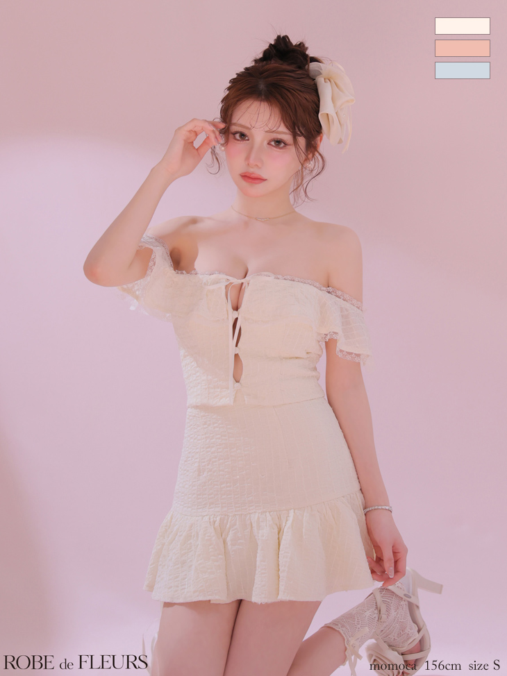 オフショルダー セットアップ シフォン ガーリー リボン レース フレアミニドレスのイメージ画像1