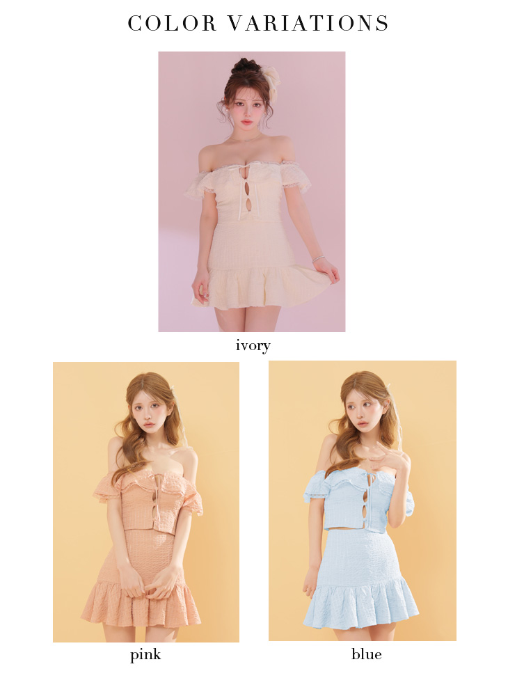 オフショルダー セットアップ シフォン ガーリー リボン レース フレアミニドレスのイメージ画像6