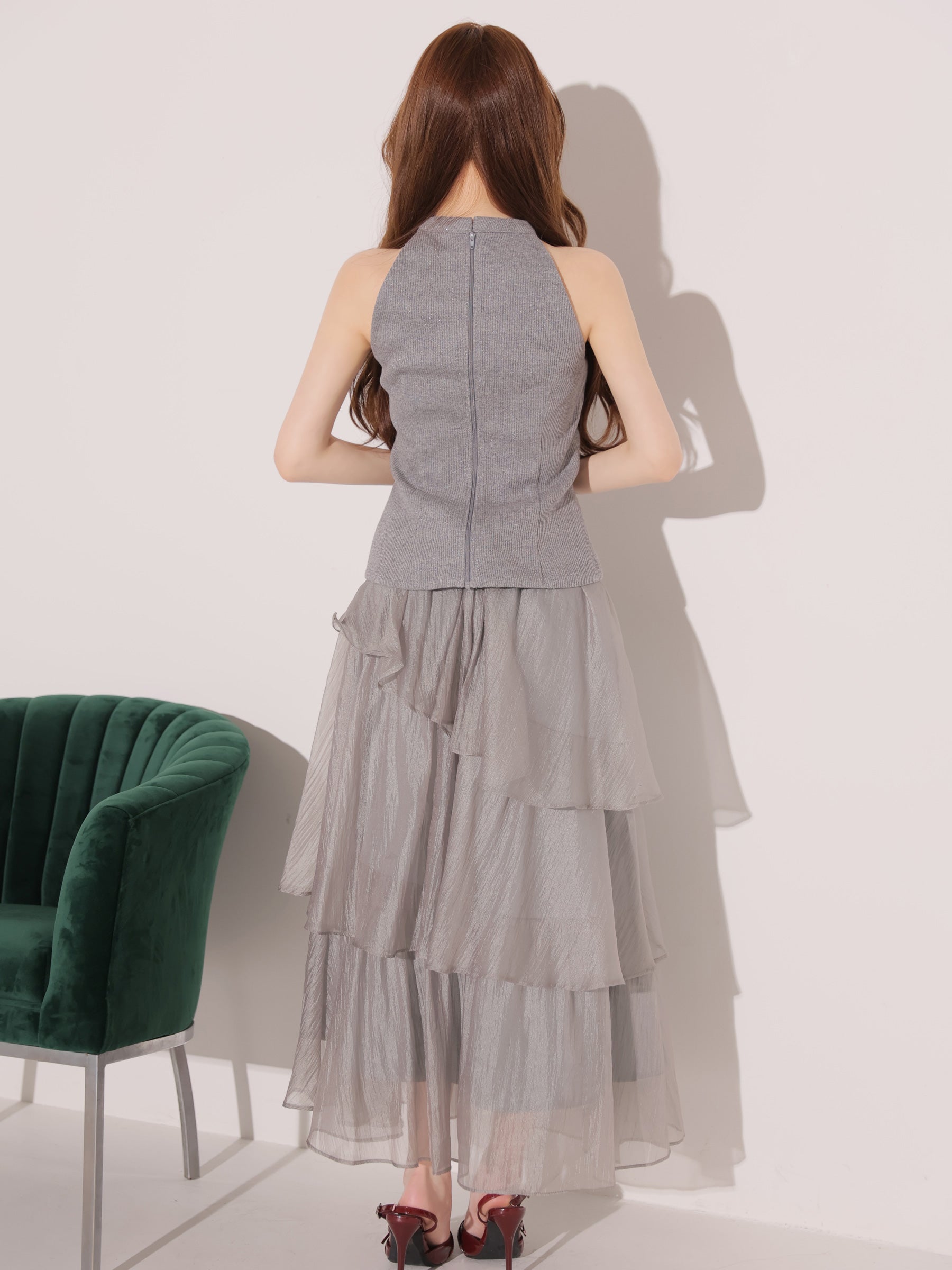 チョーカー風 ラメニット ジップデザイン シフォン アシンメトリー ティアード セットアップ Aラインロングドレスのイメージ画像6