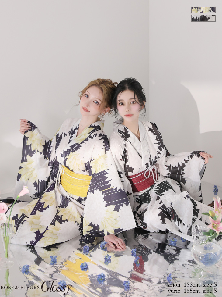 浴衣 Glossy グロッシー モダン 大花柄 ダリア 縦縞 3点SET のイメージ画像1