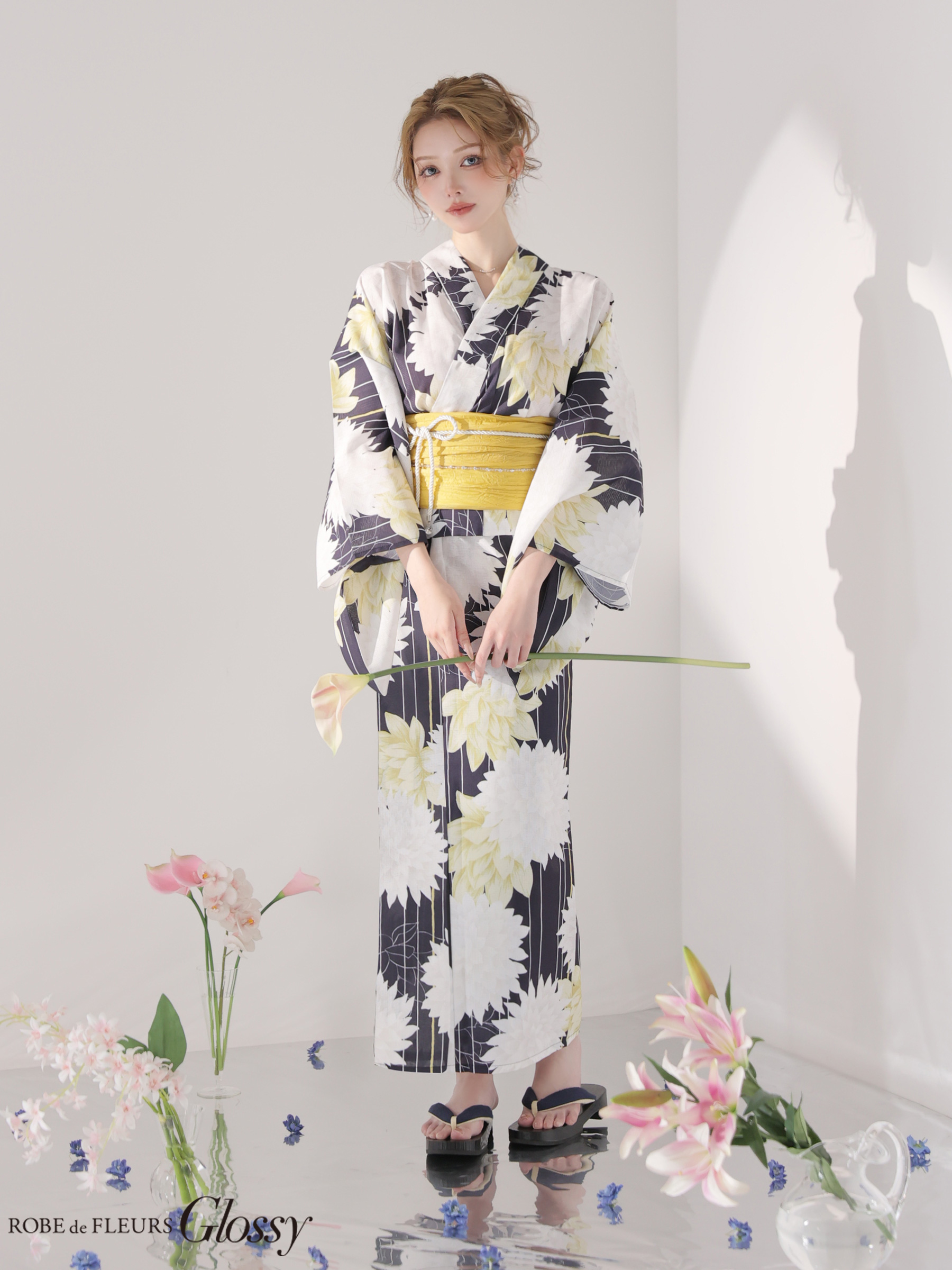 浴衣 Glossy グロッシー モダン 大花柄 ダリア 縦縞 3点SET のイメージ画像2