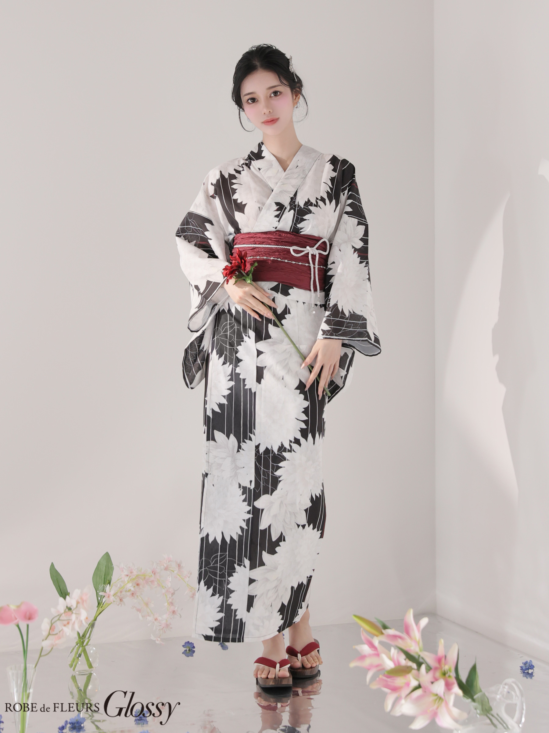浴衣 Glossy グロッシー モダン 大花柄 ダリア 縦縞 3点SET のイメージ画像5