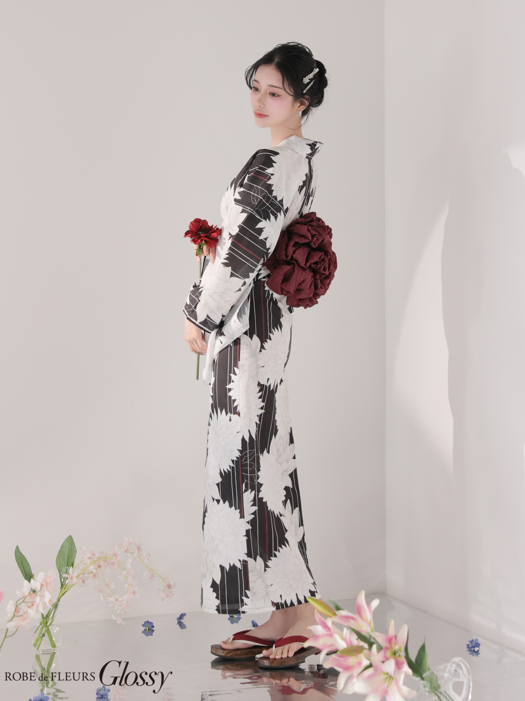 浴衣 Glossy グロッシー モダン 大花柄 ダリア 縦縞 3点SET のイメージ画像6