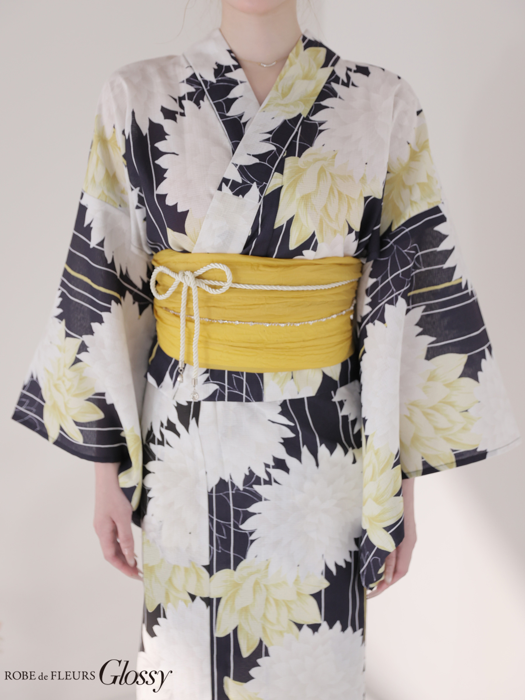 浴衣 Glossy グロッシー モダン 大花柄 ダリア 縦縞 3点SET のイメージ画像11