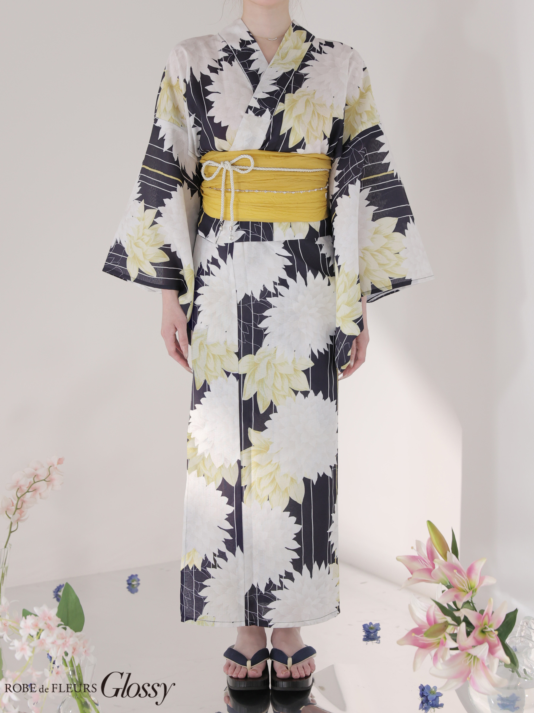 浴衣 Glossy グロッシー モダン 大花柄 ダリア 縦縞 3点SET のイメージ画像10